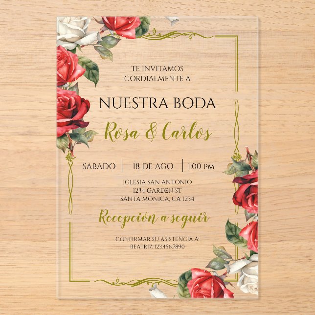 Invitaciones Acrílicas Rosa Rosa Boda Española (Anverso)