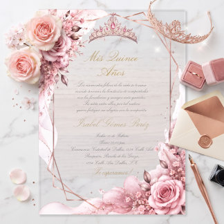 Invitaciones Acrílicas Rosa rubor rosa dorado princesa quinceañera