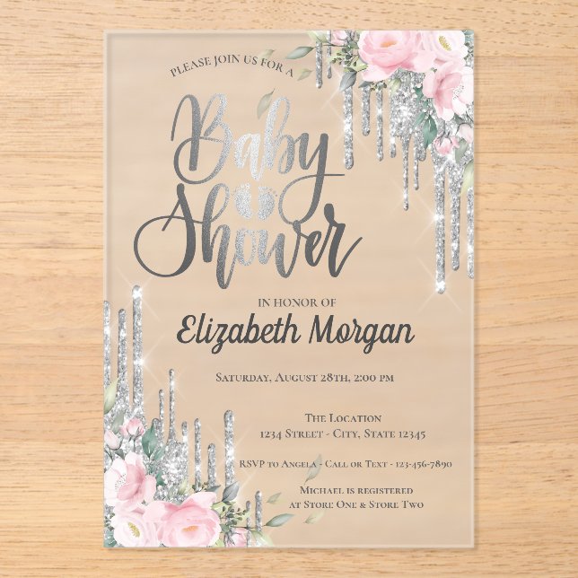 Invitaciones Acrílicas Rosa Silver Dris Gold Floral Baby Shower (Anverso)
