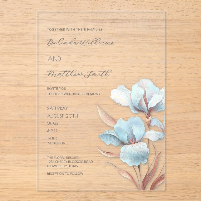 Invitaciones Acrílicas Rosa Turquesa Oro Flores 3D Blancas (Anverso)