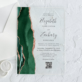 Invitaciones Acrílicas Rosa verde esmeralda Agate de oro Boda de código Q