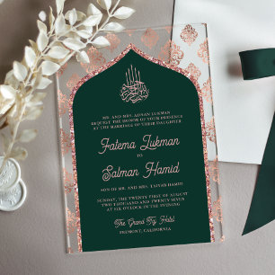 Invitaciones Acrílicas Rosa verde esmeralda oro Damask Arch Boda musulman
