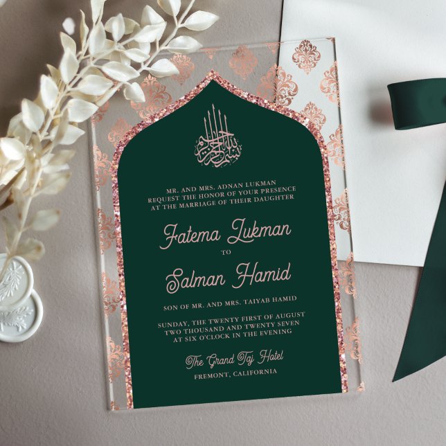 Invitaciones Acrílicas Rosa verde esmeralda oro Damask Arch Boda musulman (Subido por el creador)