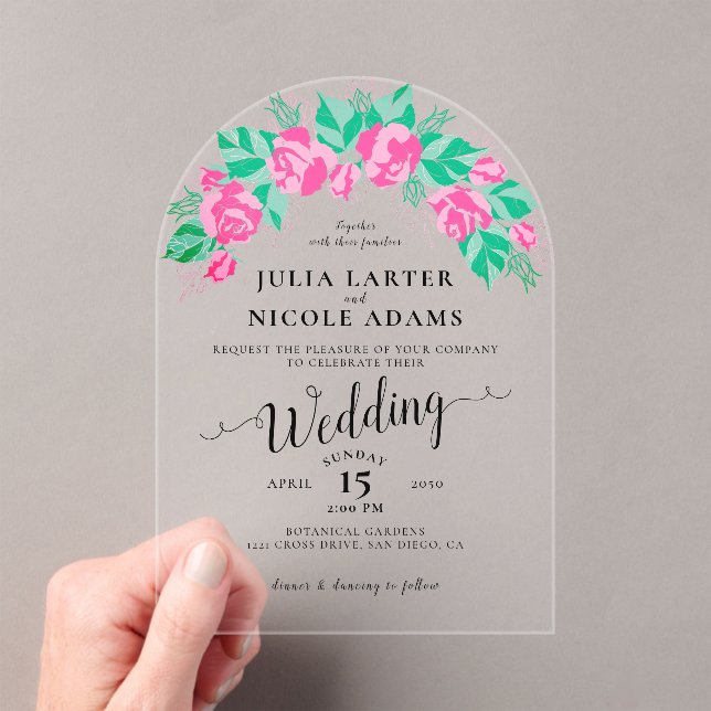 Invitaciones Acrílicas Rosa verde rosa Petals Flores Boda Jardín (Insitu (portátil))