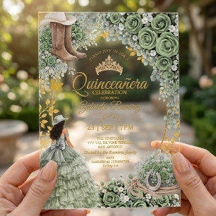 Invitaciones Acrílicas Rosa verde salvia occidental dorada Quinceañera de