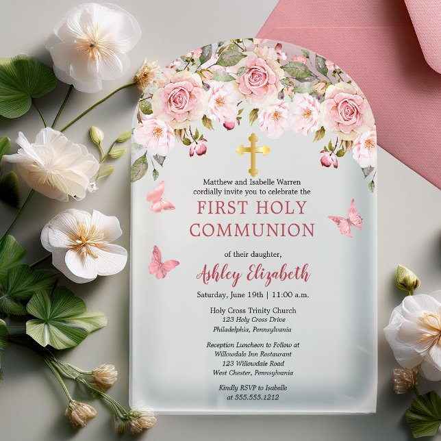 Invitaciones Acrílicas Rosado Roses Butterflies Floral Primera Santa Comu (Pink Roses Floral and Pink Butterflies Gold Tone Cross Arched Acrylic 1st Holy Communion Invitation)