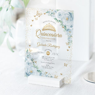 Invitaciones Acrílicas Rosas acuarela bebes azules Quinceanera floral