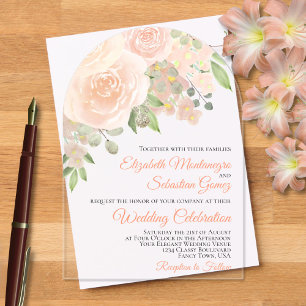 Invitaciones Acrílicas Rosas Acuarela Coral Melocotón Boda Elegante Arco