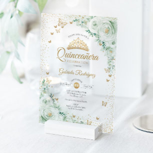 Invitaciones Acrílicas Rosas acuarela en verde salvia Quinceañera floral