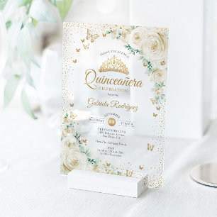 Invitaciones Acrílicas Rosas acuarela Quinceañera floral crema oro