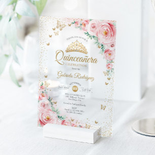 Invitaciones Acrílicas Rosas acuarela rosadas quinceañera floral
