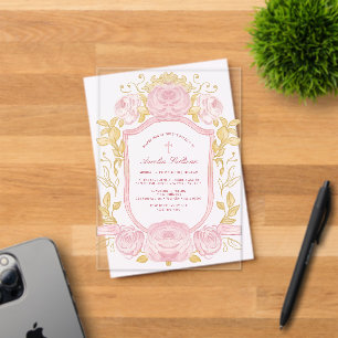 Invitaciones Acrílicas Rosas acuarelas bautismo Escudo