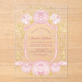Invitaciones Acrílicas Rosas acuarelas bautismo Escudo