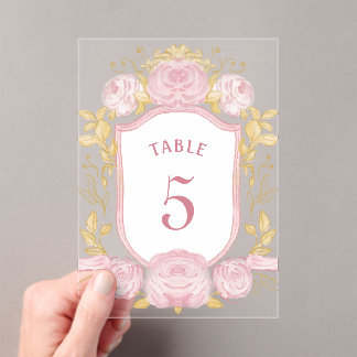 Invitaciones Acrílicas Rosas acuarelas Escudo Número de tabla acrílica