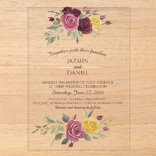 Invitaciones Acrílicas Rosas amarillas de burdeos acuarela rojas