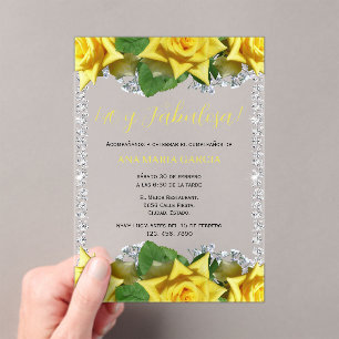Invitaciones Acrílicas Rosas Amarillas y Diamantes Cumpleaños 40 Español