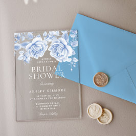 Invitaciones Acrílicas Rosas azules de época elegante ducha de novia