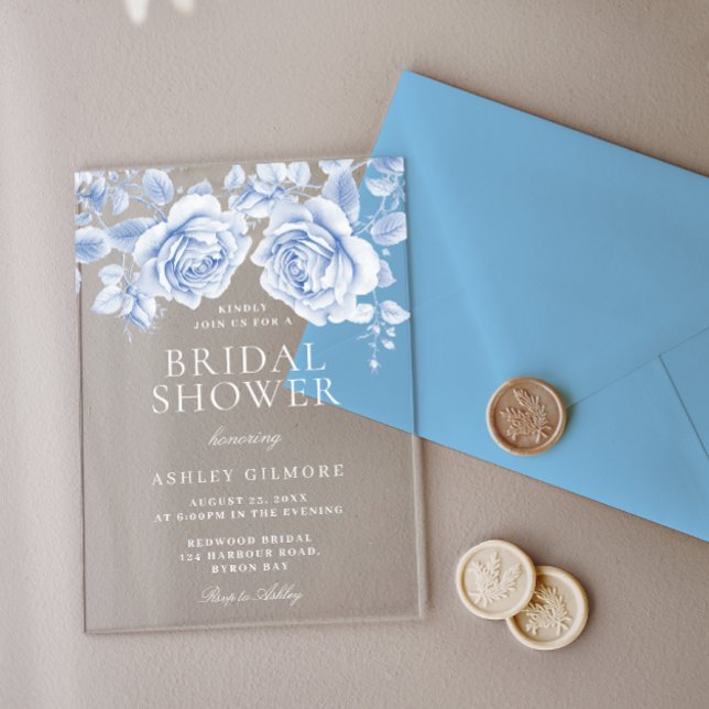 Invitaciones Acrílicas Rosas azules de época elegante ducha de novia (Subido por el creador)
