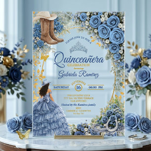 Invitaciones Acrílicas Rosas Azules Occidentales de Vaquera Doradas Quinc