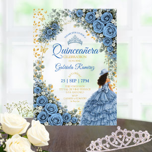 Invitaciones Acrílicas Rosas Azules Occidentales Dorado País Quinceañera