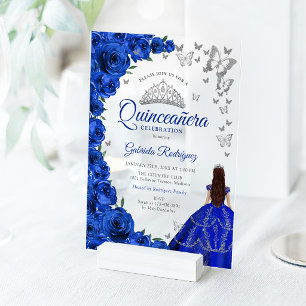 Invitaciones Acrílicas Rosas Azules Reales Acuarela Quinceañera de Plata