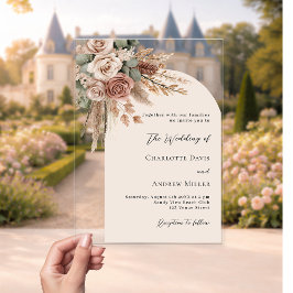 Invitaciones Acrílicas Rosas beige hierba de pampas arco claro boda boho