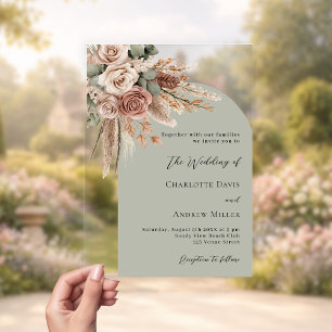 Invitaciones Acrílicas Rosas beige, salvia de pampas verde arco claro bod