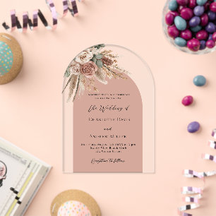 Invitaciones Acrílicas Rosas beige taupe pampas arco claro boda