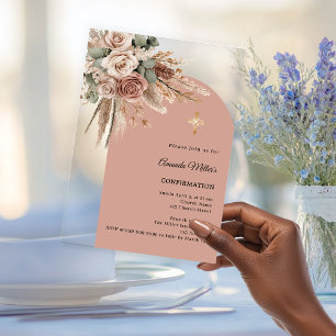 Invitaciones Acrílicas Rosas beige taupe pampas arco claro Confirmación