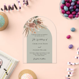 Invitaciones Acrílicas Rosas beige verde sabio pampas boda transparente