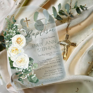 Invitaciones Acrílicas Rosas Blancas Elegantes Bautizo Floral de Niña Euc