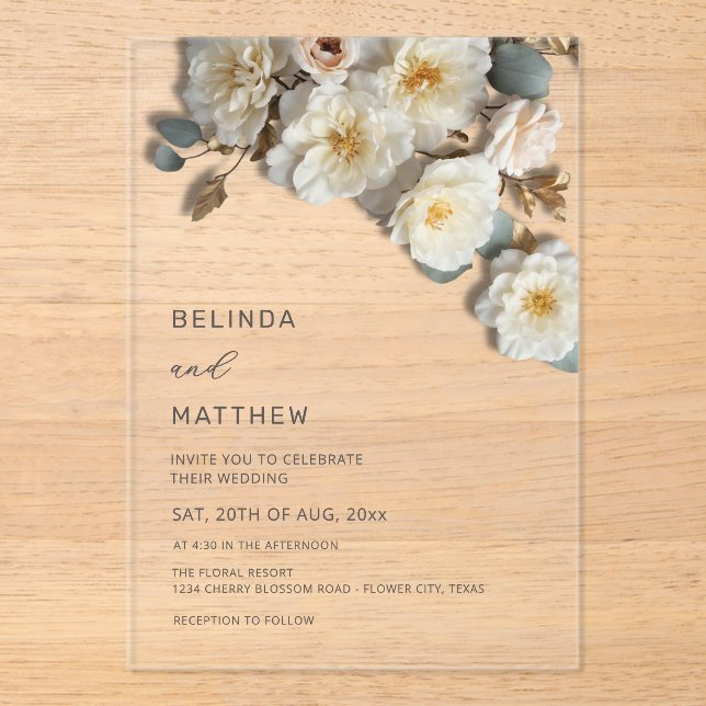 Invitaciones Acrílicas Rosas Blancas Flores 3D Elegantes Bodas Blancas (Anverso)