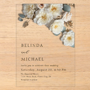 Invitaciones Acrílicas Rosas Blancas Flores 3D Elegantes Bodas Blancas