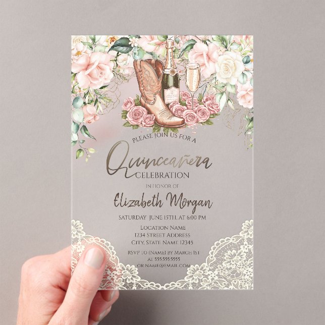 Invitaciones Acrílicas Rosas Boots de Vino Lace Quinceanera (Insitu (portátil))