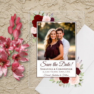 Invitaciones Acrílicas Rosas Burgundy Blush Boda Guardar la Fecha Foto