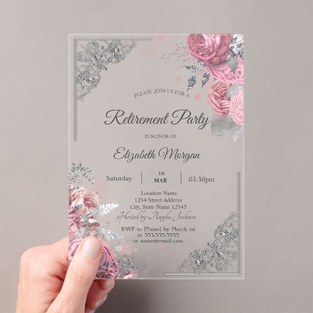 Invitaciones Acrílicas Rosas Chic Flores Marco de Plata Jubilación    (Insitu (portátil))