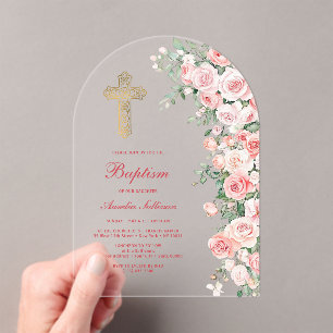 Invitaciones Acrílicas Rosas con Rubor Rosa Arco Bautizo