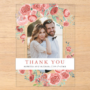 Invitaciones Acrílicas Rosas Coral Pink Foto Floral de Boda Agradecimient