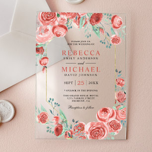 Invitaciones Acrílicas Rosas Corales Modernas Florales Boda