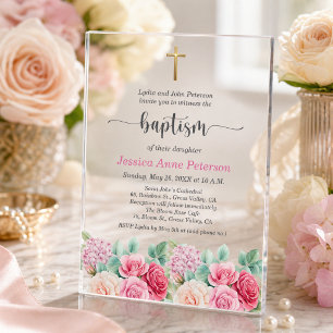Invitaciones Acrílicas Rosas Cruz de Oro Floral Elegante Bautizo