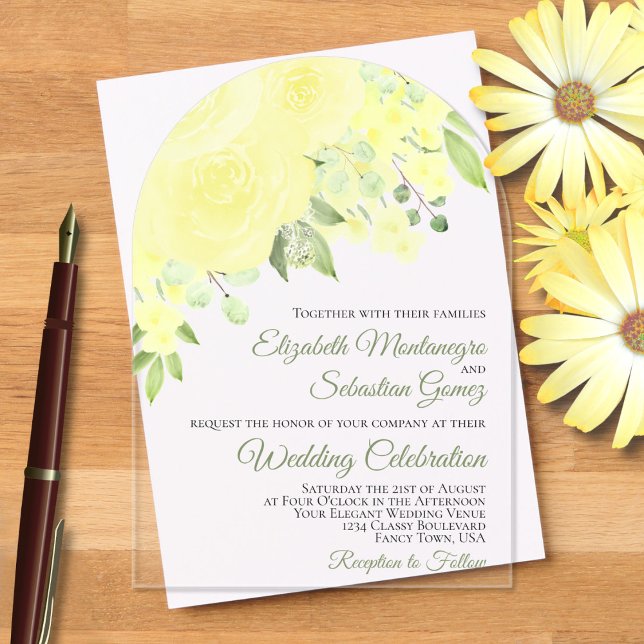 Invitaciones Acrílicas Rosas de acuarela amarilla Boda elegante de arco (Subido por el creador)