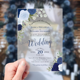 Invitaciones Acrílicas Rosas de Acuarela Azul Elegante Boda Boho