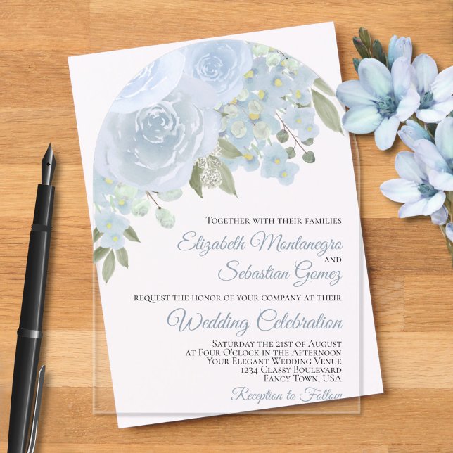 Invitaciones Acrílicas Rosas de acuarela azul y turbio Boda de arco elega (Subido por el creador)