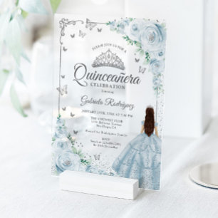 Invitaciones Acrílicas Rosas de acuarela de agua azul bebé Quinceañera de