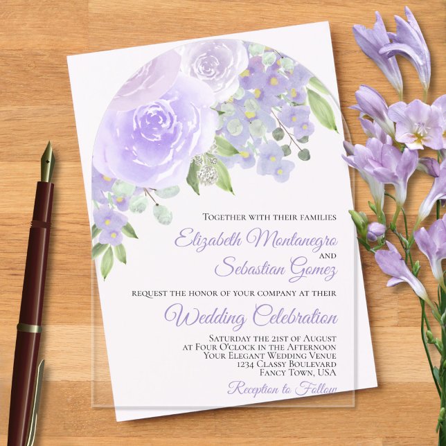 Invitaciones Acrílicas Rosas de acuarela de Lavender Boda elegante de arc (Subido por el creador)