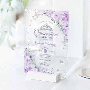 Invitaciones Acrílicas Rosas de acuarela floral púrpura Quinceañera