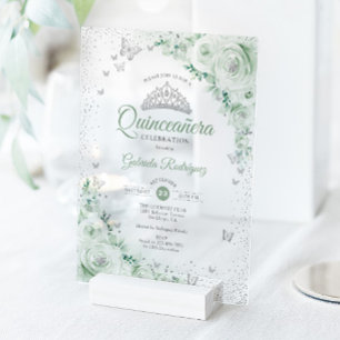Invitaciones Acrílicas Rosas de acuarela floral verde salvia Quinceañera