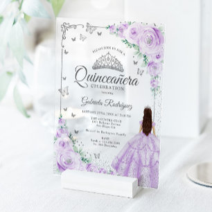 Invitaciones Acrílicas Rosas de acuarela moradas Lila Quinceañera de plat