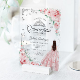 Invitaciones Acrílicas Rosas de acuarela rosadas Quinceañera plateada