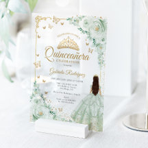 Rosas de acuarela verde salvia Quinceanera dorada